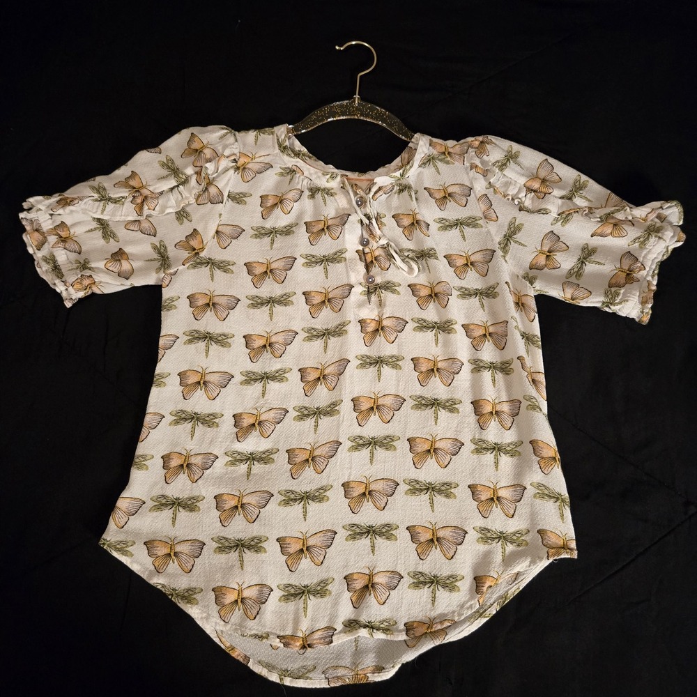 Maeve Anthropologie Blouse Womens 00 White Excellent Butterfly Dragonfly Ruffle